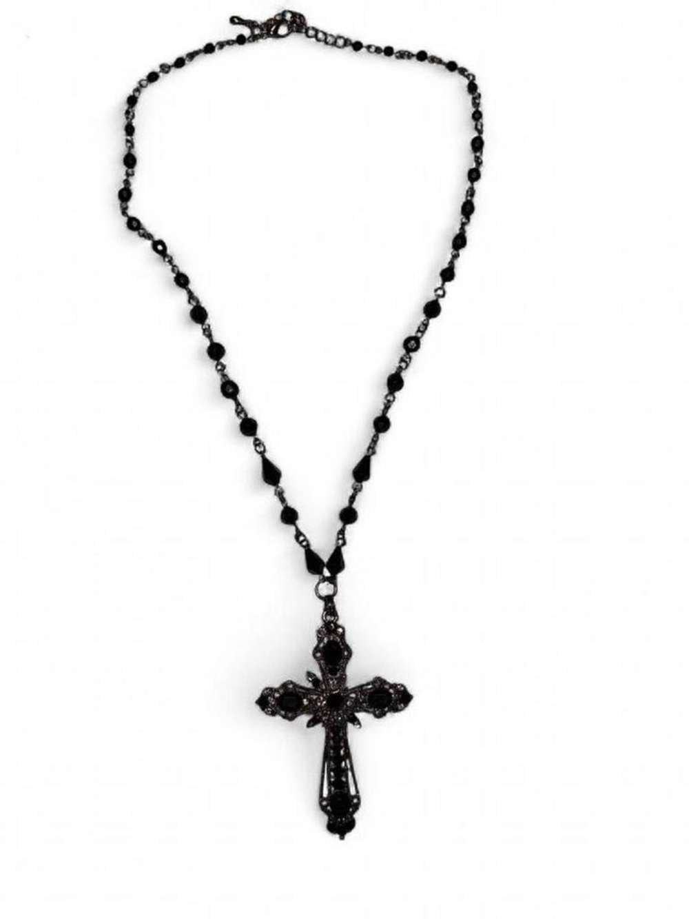 Black Beaded Cross Pendant Necklace - Women's Fashion Jewelry